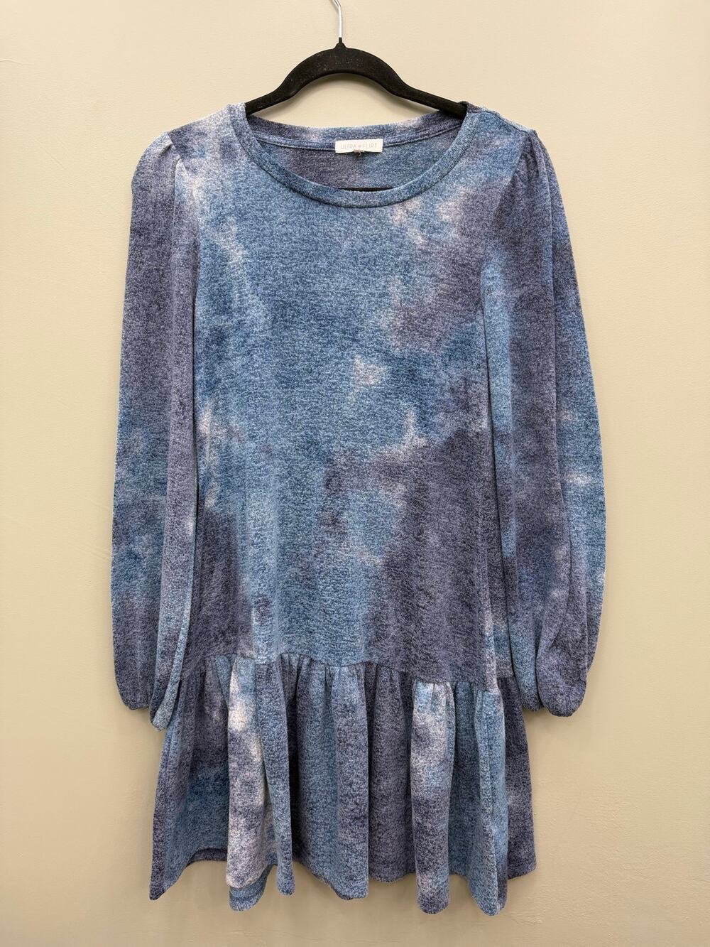 Ultra Flirt Blue Tie Dye Sweater Knit Babydoll Dress Puff Sleeve Medium